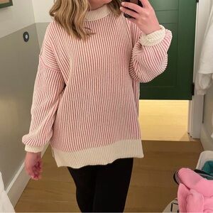 American Eagle Outfitters Pink and Cream Crew Neck Sweater